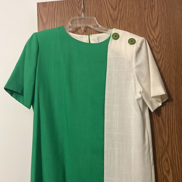 Vintage 80s J. Ellis White & Green Asymmetric Half-pleated Dress - Picture 7 of 12